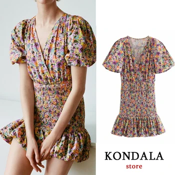 

Women dress za 2020 vintage floral print V neck sexy mini sheath dress short puff sleeve ruffles dresses female elegant vestidos