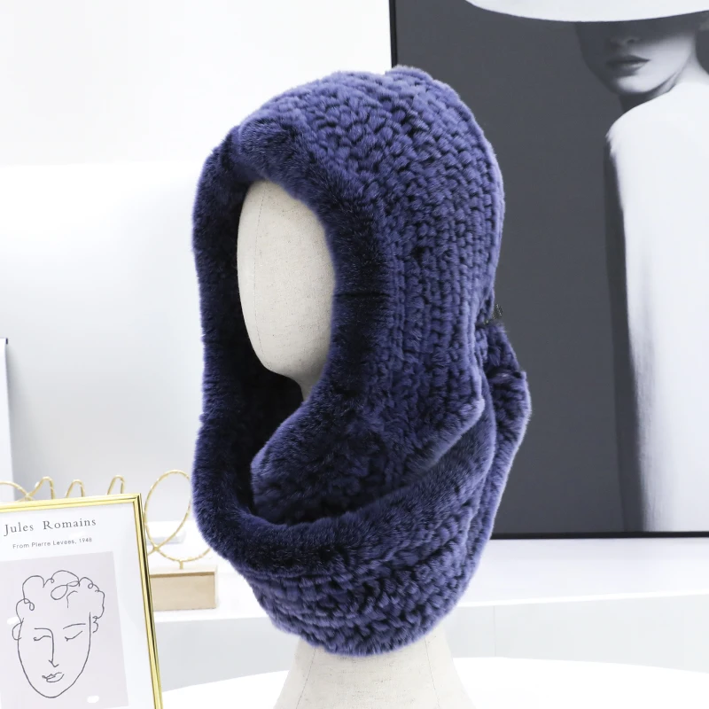 

Шапка-капюшон для женщин, зимний теплый вязаный меховой шарф, шапка, большой размер, настоящий мех кролика