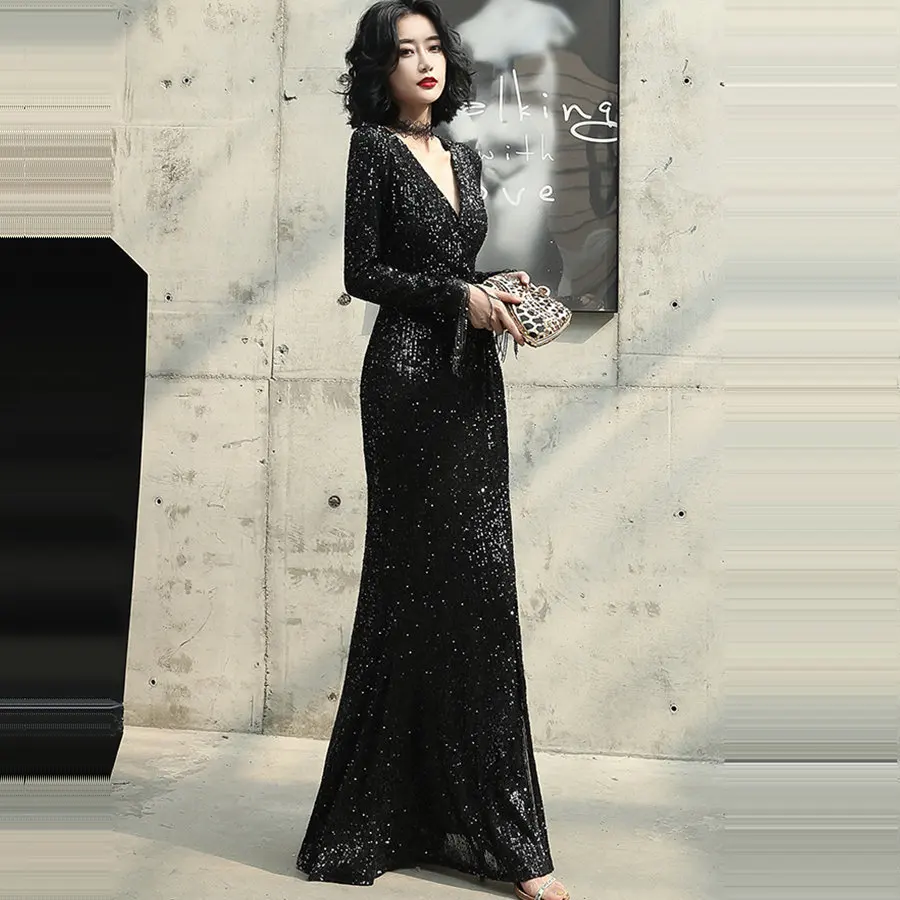 Длинные рукава Формальные платья с глубоким v-образным вырезом Robe De Soiree K020 длинные размера плюс женские вечерние платья элегантное вечернее платье с пайетками