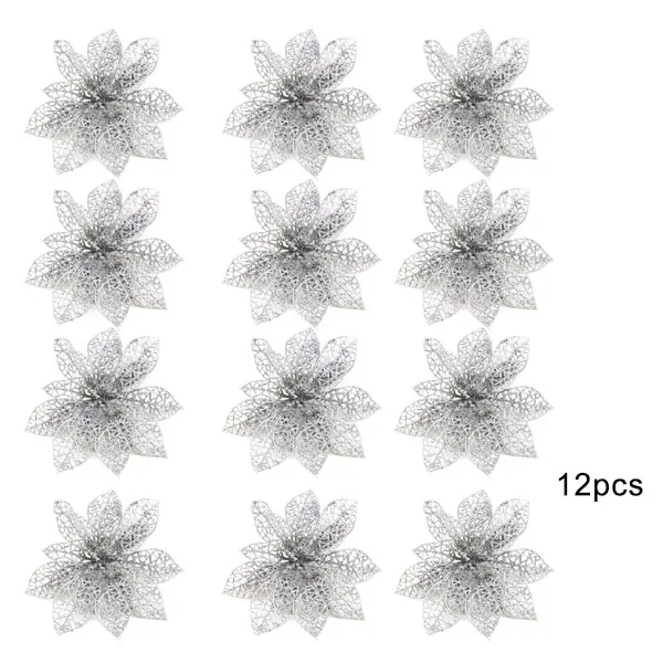 12 pcs Silver 12/24Pcs Glitter Christmas Tree Flower Ornaments Xmas Party Decor Supplies DC156 - Color: 12 pcs Silver