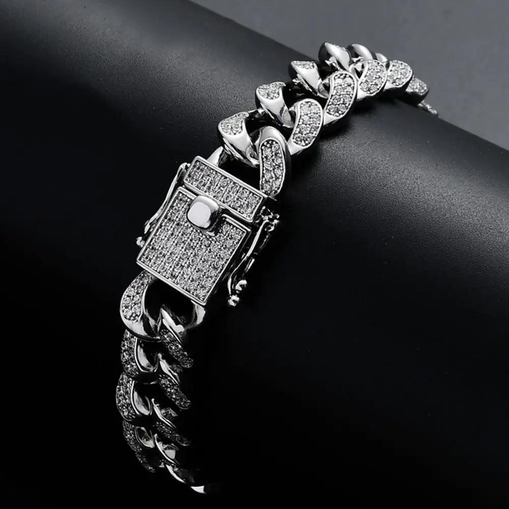 Для мужчин хип-хоп Iced out Bling браслет Высокое качество AAA циркон 12 мм кубинские цепи браслеты Хип-хоп ювелирные изделия Прямая