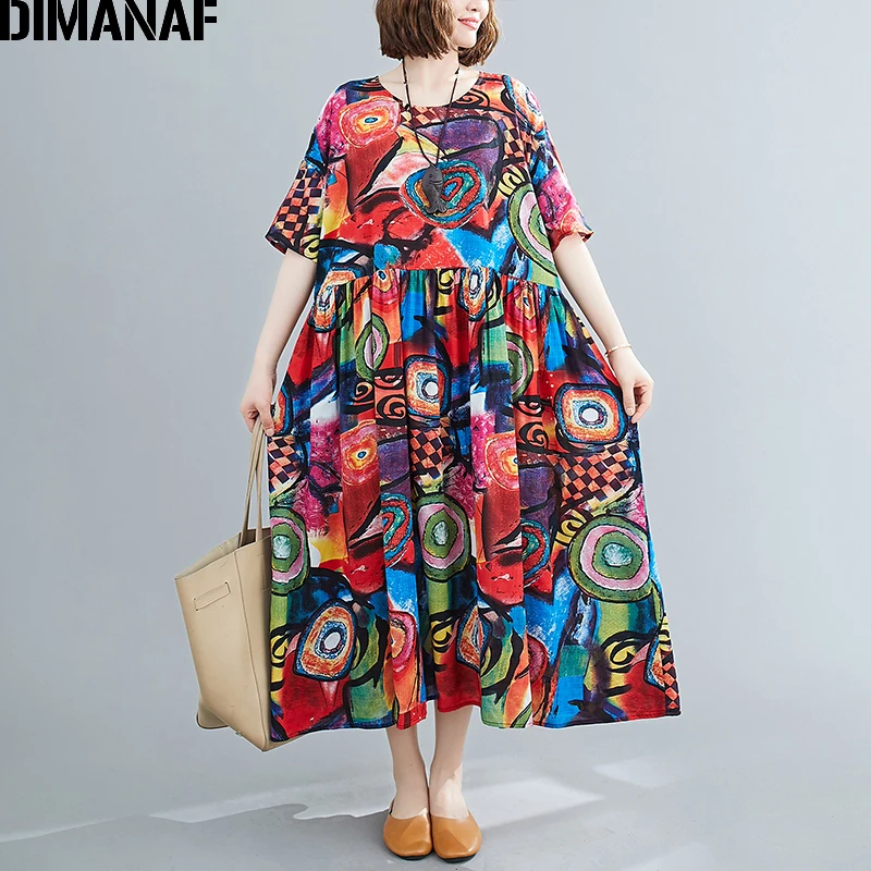 

DIMANAF Summer Plus Size Women Print Dress Cotton Female Vestidos Sundress Beach Style Loose Pleated Lady Elegant Long Dress 5XL