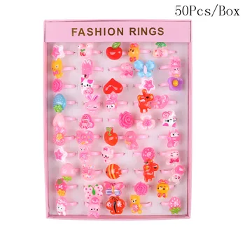 

50pcs/set Kawayii Mix Animals Rabbit Flower Heart Baby Kids Girl Children's Cartoon Rings With Display Box For Christmas Gift