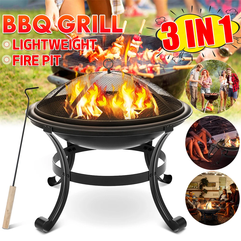 Outdoor Fire Pit Wood Burning Steel Bbq Grill Firepit Bowl With Mesh