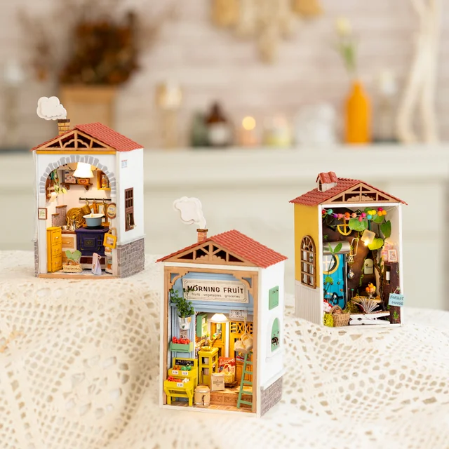 Robotime DIY Wooden Dollhouse Mini Town Doll House with Furniture Bookshop for Children Gift Miniature Adult 1