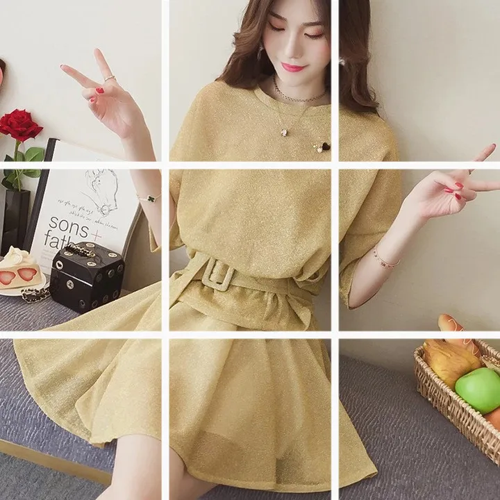 

2018 New Style Spring Playful Fashion Gauze Liangsi T-shirt WOMEN'S Suit Fashion Casual Half-length Short Skirt Two-Piece Set Fa