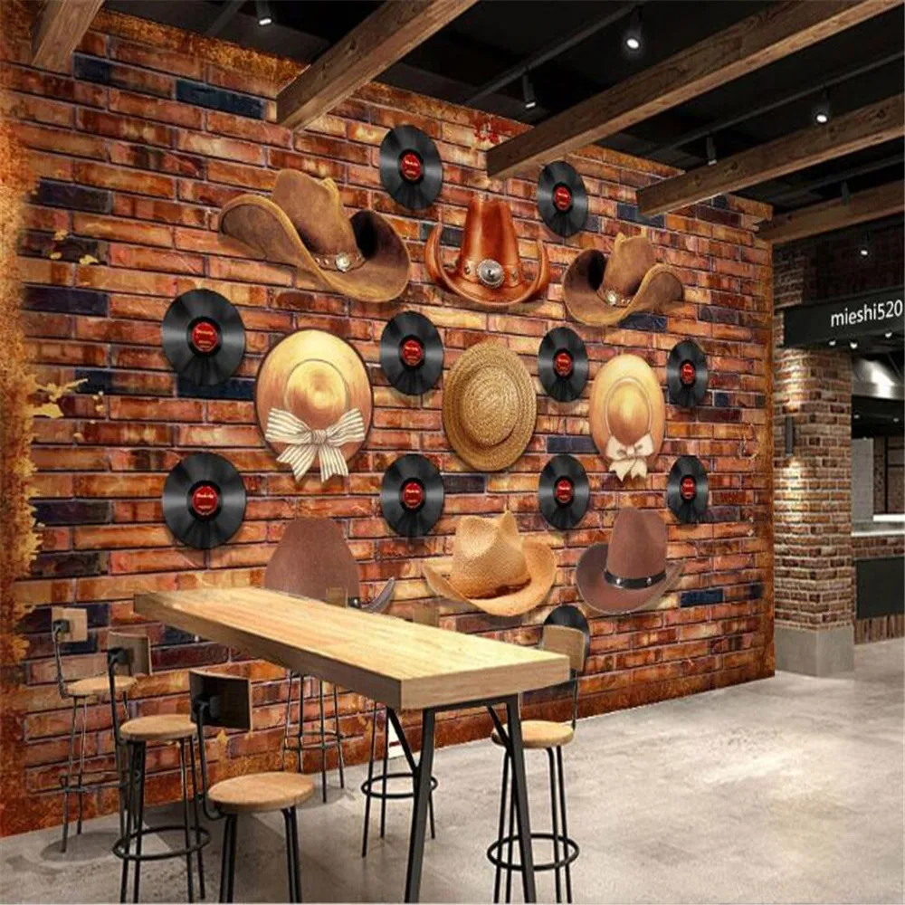 

Milofi custom 3D stereo wallpaper mural retro nostalgic hat record bar background wall