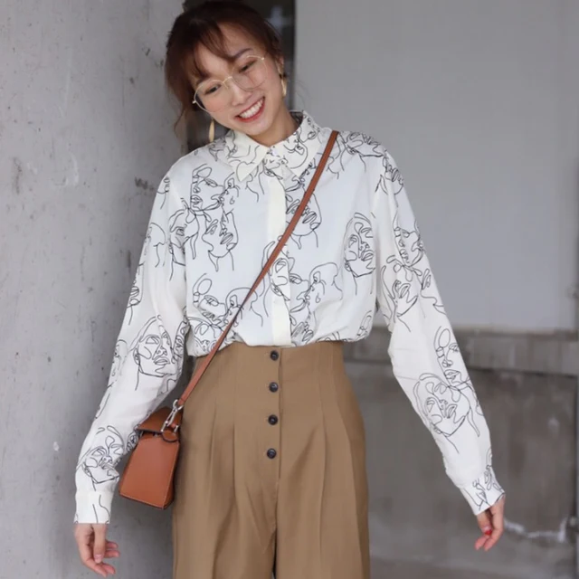 US $8.30 2019 New Autumn Blouse Shirt Female Cotton Face Printing Full Sleeve Lapel Shirts Women Tops Ladies