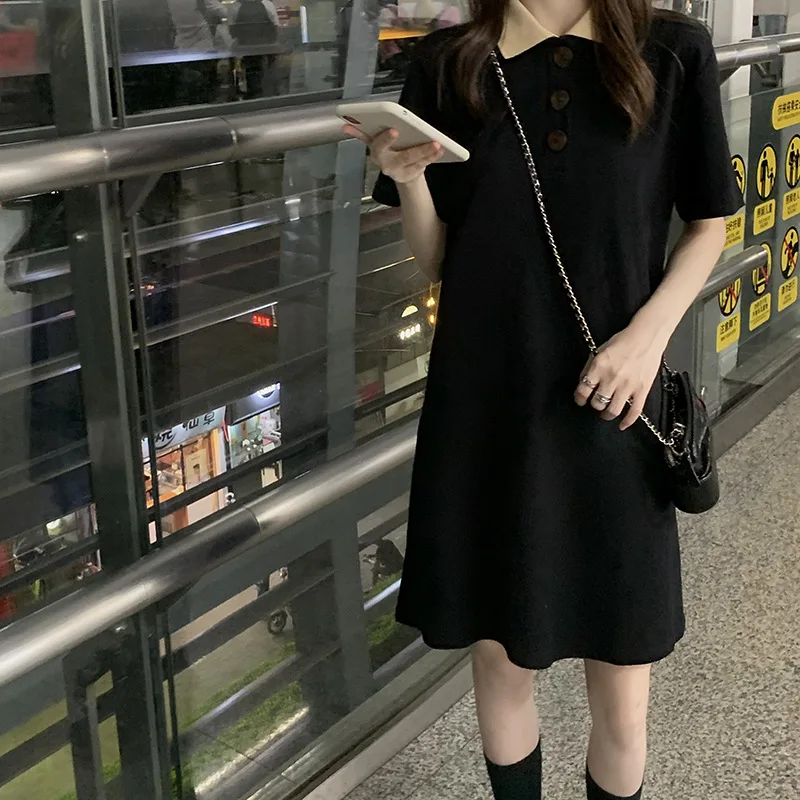T-shirt dress women's spring and summer 2021 new design sense solid color polo collar short sleeve loose medium long skirt | Женская