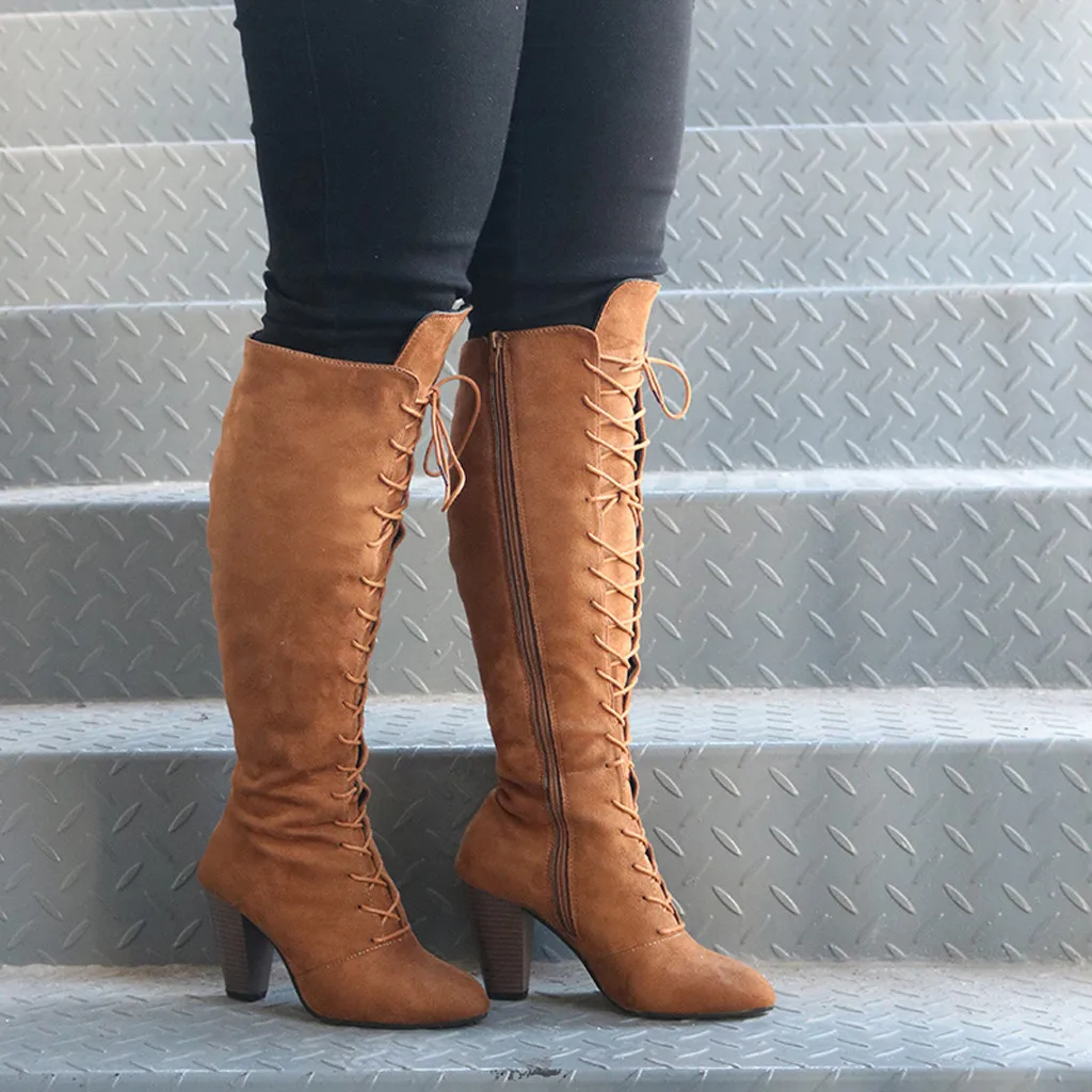 

cowboy boots for women autumn knee high boots women laces Autumn Winter High Heel Long Shoes boots femme 2019#G2