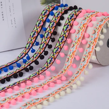 

Vintage Embroidered Trim Ribbon Pom Pom Ball Fringe Ribbon Crafts Handmade Ribbon for Sewing Accessories DIY Decoration 1yard