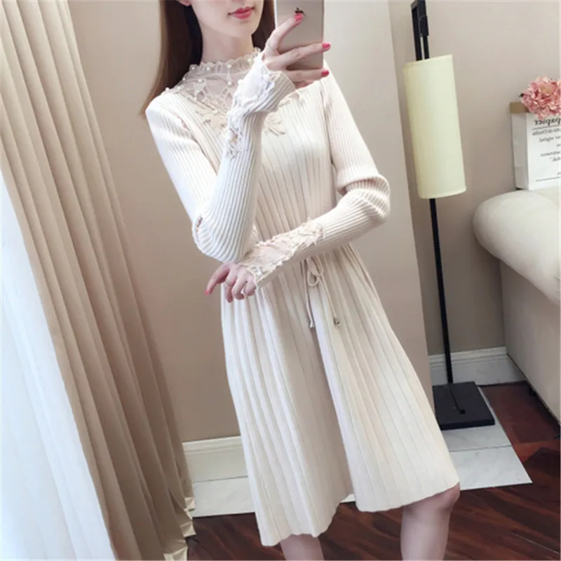 

2019 Autumn Runway High-end Customized Women's Grace Long sleeves Nail Bead Lace Splicing Drawstring Slim Casual Vacation Dress