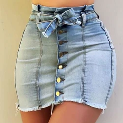 Feminino sexy botão magro jeans saias casual cor sólida mini saias senhoras rendas up fino império upskirt mujer