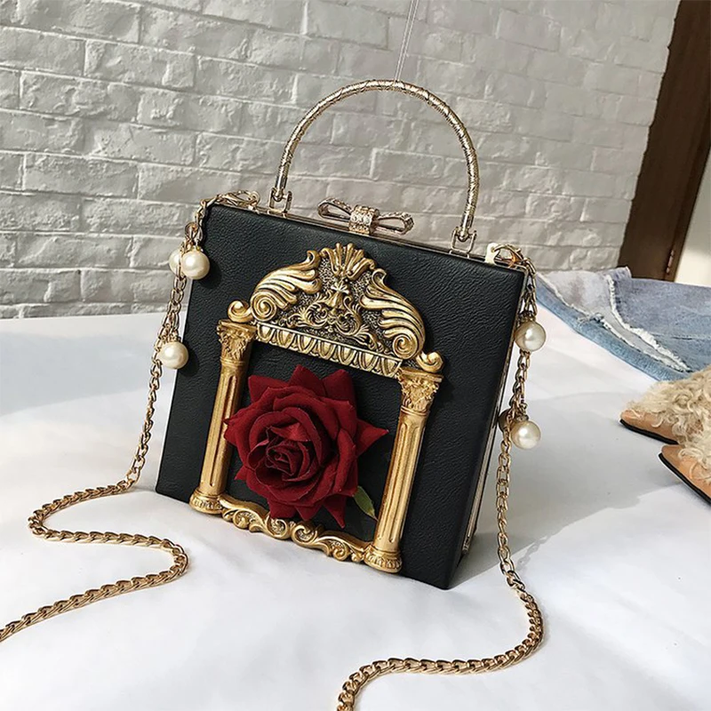 

Luxury Vintage Rose Box Bags For Women High Quality beading Chain Messenger Bags Ladies Chic Exquisite Metal Handle Shoulder Bag