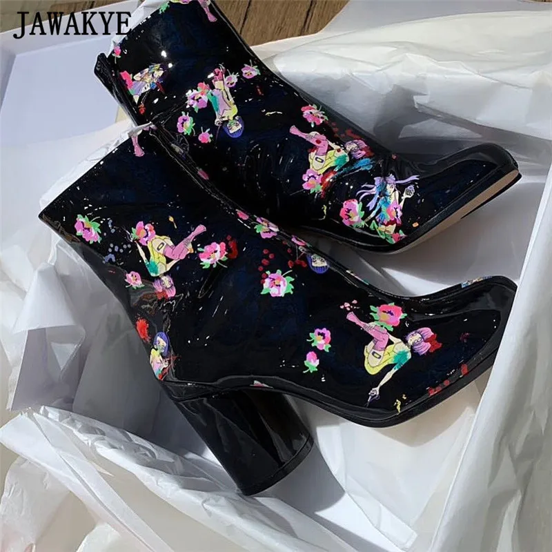 GCYFWJ/ботильоны для женщин с раздельным носком; короткие ботинки на высоком массивном каблуке с принтом; обувь для шоу; ботинки в стиле ниндзя; рыцарские ботинки - Цвет: black print flower