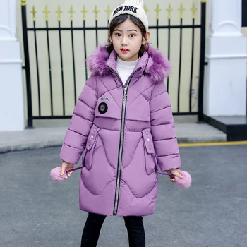 

Fashion Printed Winter Jackets For Girls 2019 New Cotton Padded Warm Coat Girls' Mid-long Fur Collar Hooded Parka Coats