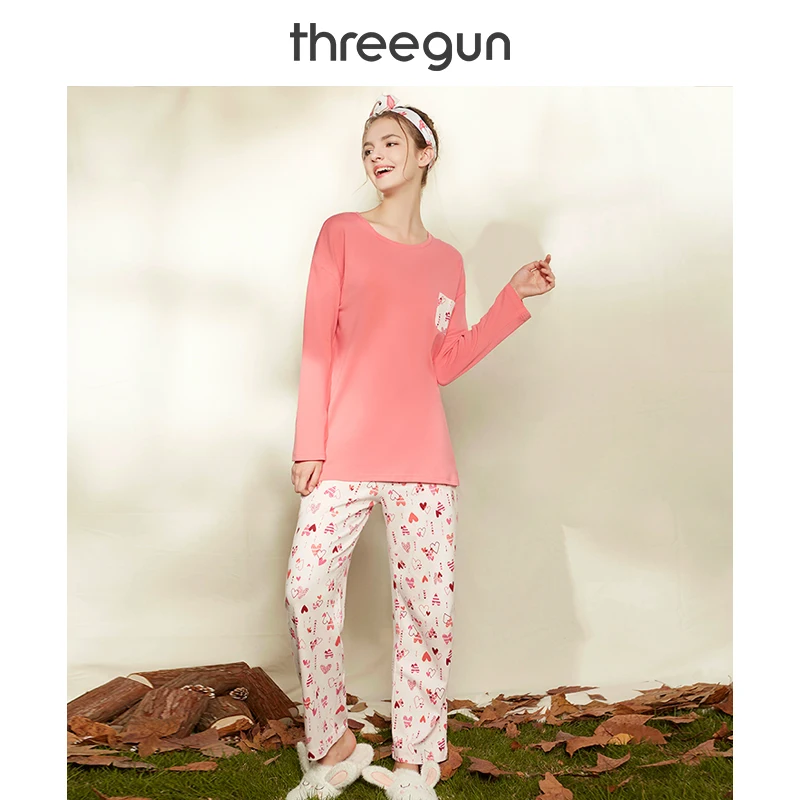 THREEGUN пижамный комплект Женский хлопок осень зима Нью-Йорк вокруг шеи печать Свободная Домашняя одежда длинный рукав полный брюки пижамы