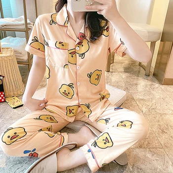 

Autumn Cute Print Pajama Sets Pijama Sexy Sleepwear Summer Plus Size Pyjama Femme Sleep Short Sleeve Top And Long Pants Pajamas