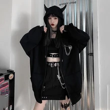 Autumn Winter Women Harajuku Punk Gothic Hoodies Girls Black Little Devil Horns Sweatshirt Hooded Japanese Hip Pop Plus Size