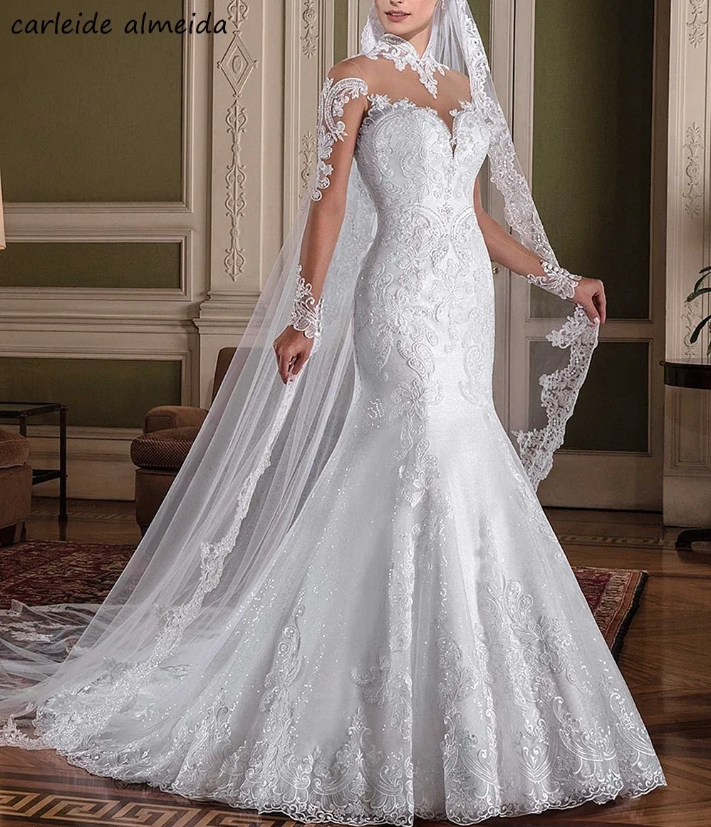 

Sheer Tulle Back Sexy Mermaid Wedding Dresses with Unique Lace Appliques Mermaid Bride Dress