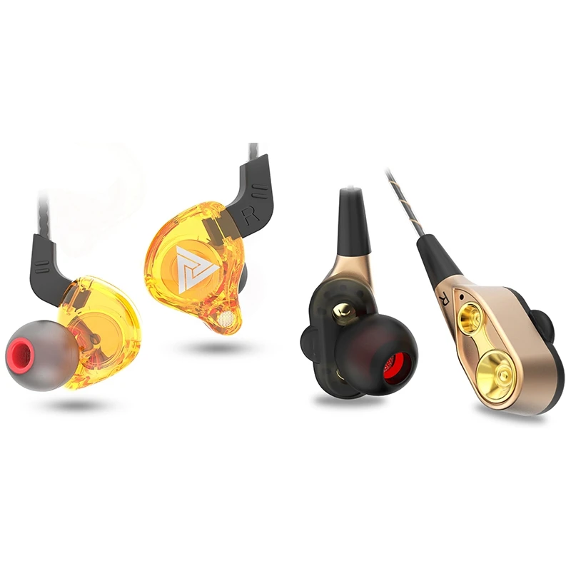 Qkz 2 Pcs Ak6 Sports Earphone In Ear Wired Controller Headset with Wheat Subwoofer Yellow Gold
