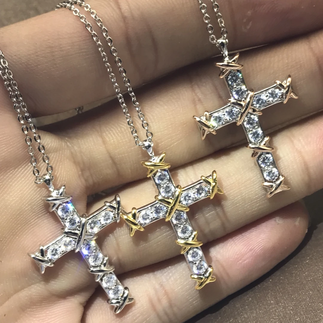 schieten Aquarium schaal Mini Cross Ketting 925 Sterling Zilveren Diamanten Kruis Hanger 14K Rose  Goud Vrouwen Ketting Replica Luxe Sieraden|Kettingen| - AliExpress