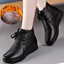 

2021 Autumn New Genuine Leather Black Ankle Boots For Women Lace-Up Flat Low Heel Winter Warm Plush Ladies Short Boots 35-41