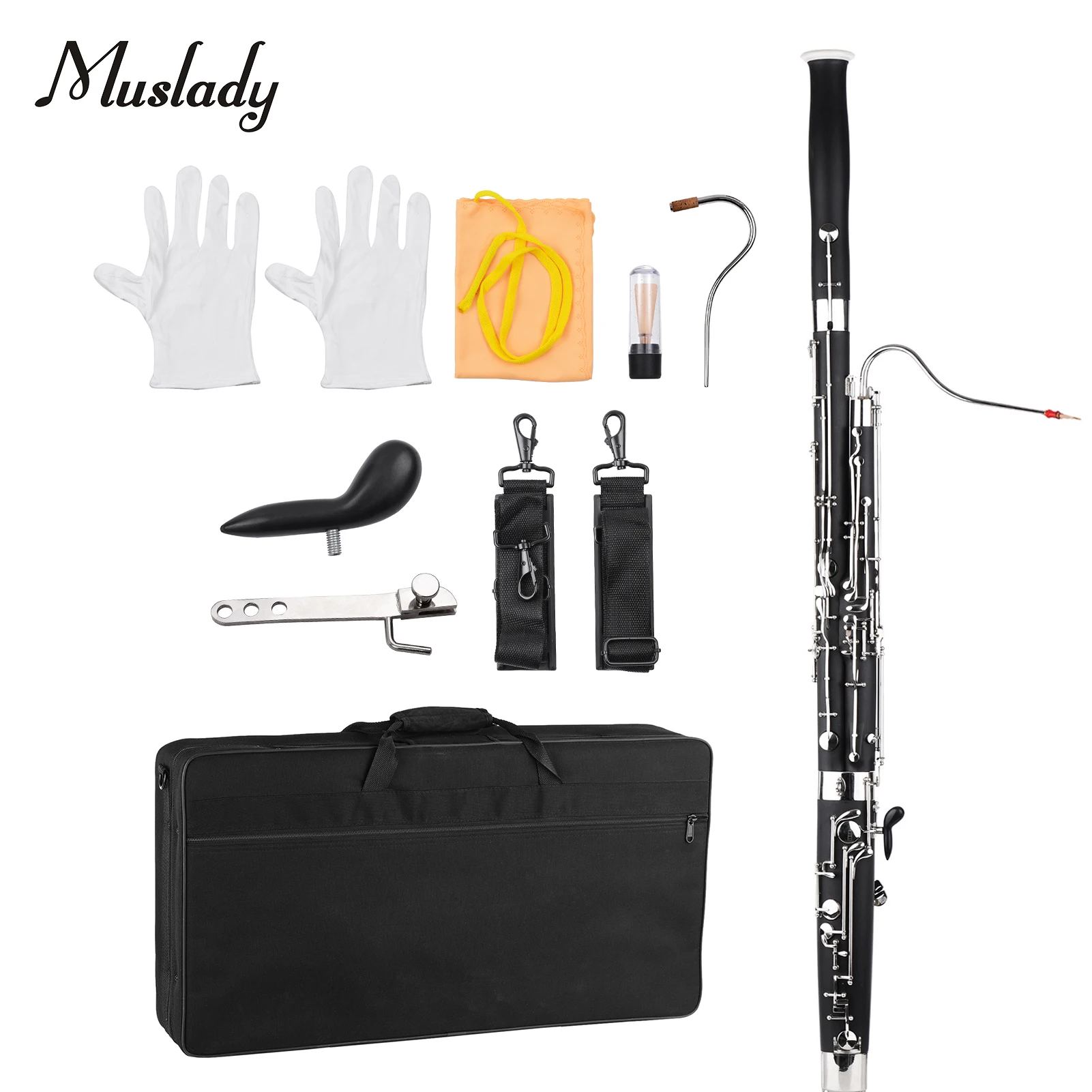 

Muslady Professional C Key Bassoon Woodwind Instrument Wood Body Nickel-Plated Key with Reed Gloves Cleaning Cloth Carrying Case