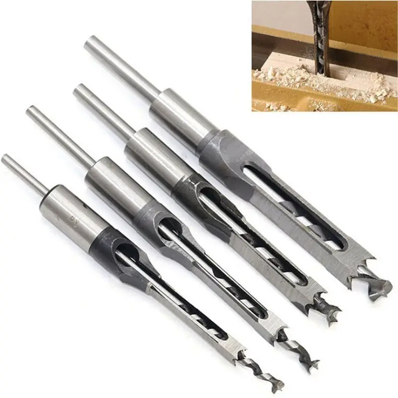 4x Woodworking Square Hole Drill Bits Set Wood Saw Mortising Chisel Cutter Tools 