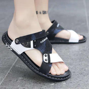 

Flat Slip On Outdoor Leisure Slippers Men Summer Sandals High Quality Leather Casual Shoes Men Beach Sandals Hombre Plus Size