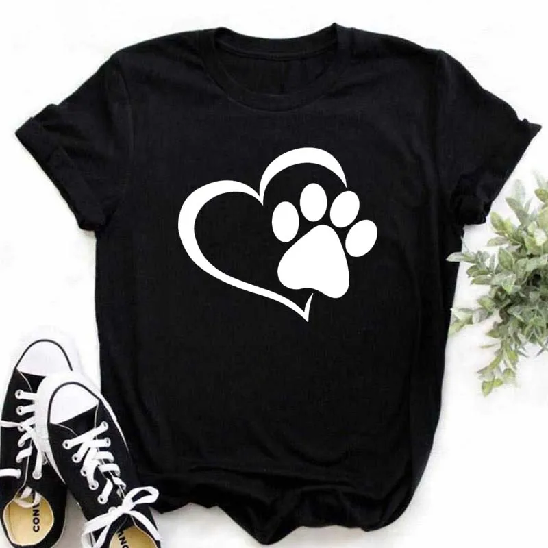 T-shirt imprimé pattes de chien et cœur pour femme, vêtement d'été à manches courtes, noir, 993_voghion.com