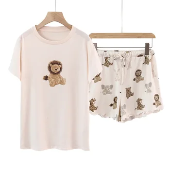 

Women's Summer Pajamas Sets Cartoon Cute Modal Skin-friendly Pajamas Cotton Soft Loose O-neck Short Sleeve Shorts Female Suit