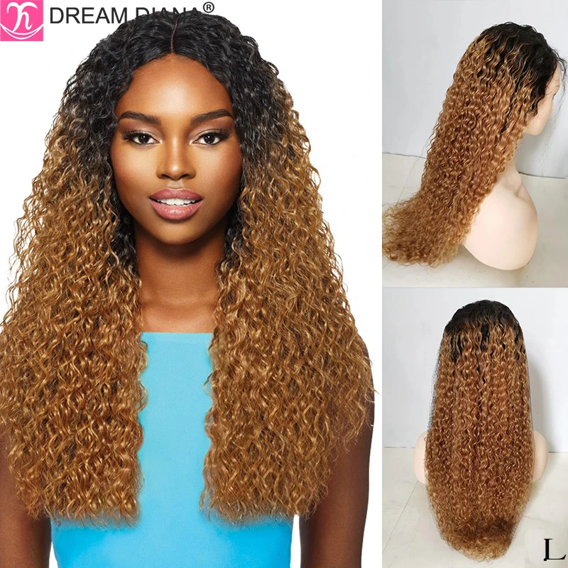 DreamDiana малазийский кудрявый парик Омбре передние парики кружевные 150 плотность Remy