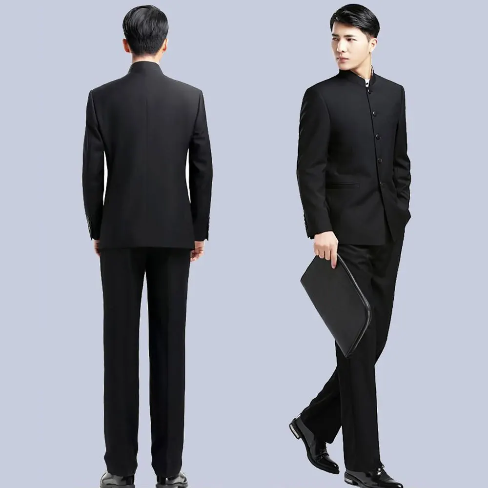 Черный халат в китайском стиле, мужской костюм, традиционный костюм со стоячим воротником, лидер АТЭС, мужская одежда с вышивкой дракона, тотем, костюм Тан