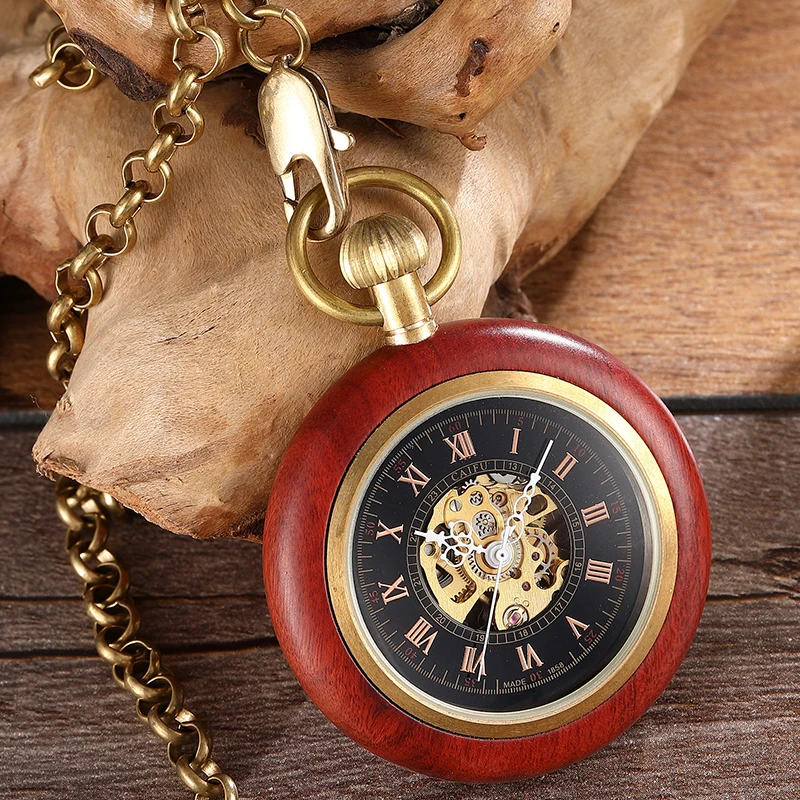 Wooden Mechanical Pocket Watch for Men Roman Numerals Red Sandalwood Wood Case Gold Back Engraved Fob Chain Clock Dropshipping