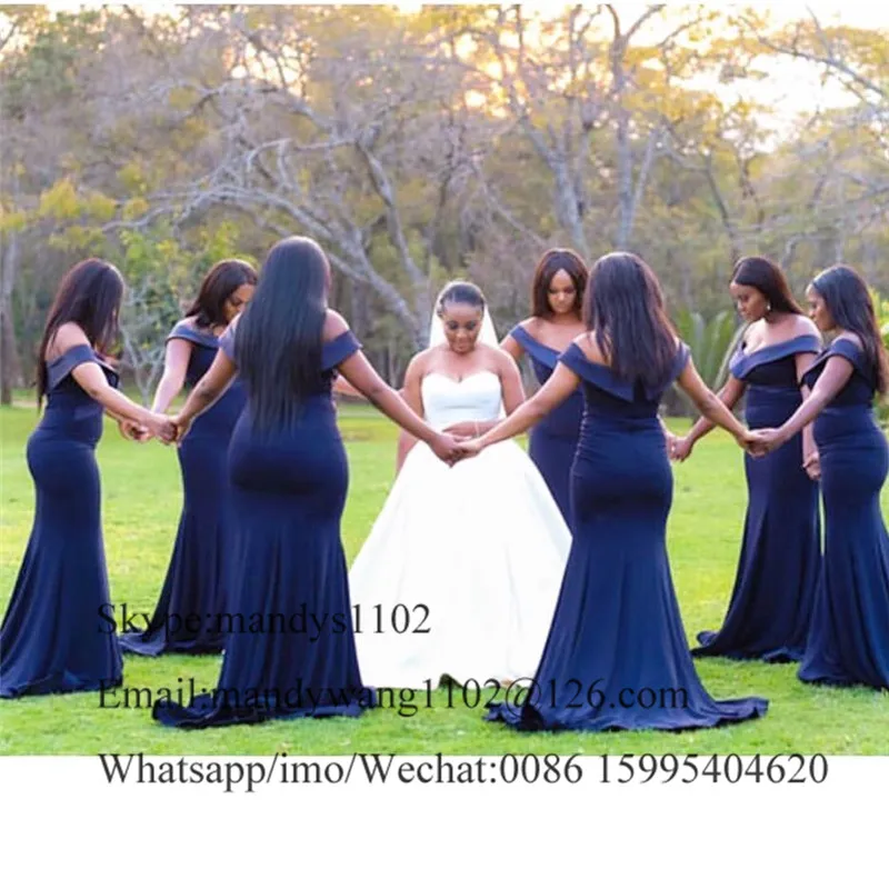 V-neck African Bridesmaid Dresses Long Navy Blue Mermaid Maid Of Honor Dress Formal Off Shoulder vestidos de fiesta de noch