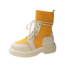 

Women Thick Bottom Shoes Sock Pu Splicing Boots Slip-On Ladies Fashion Mid-Calf Boot Female Spring Autumn Shoe Zapatos De Mujer