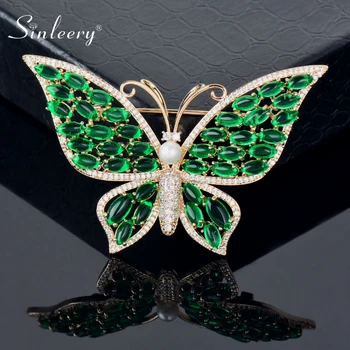 

SINLEERY Sparkling Green Crystal Big Butterfly Brooch Animal Pin For Women Lady Luxury Cubic Zirconia Jewelry CZ032 SSH