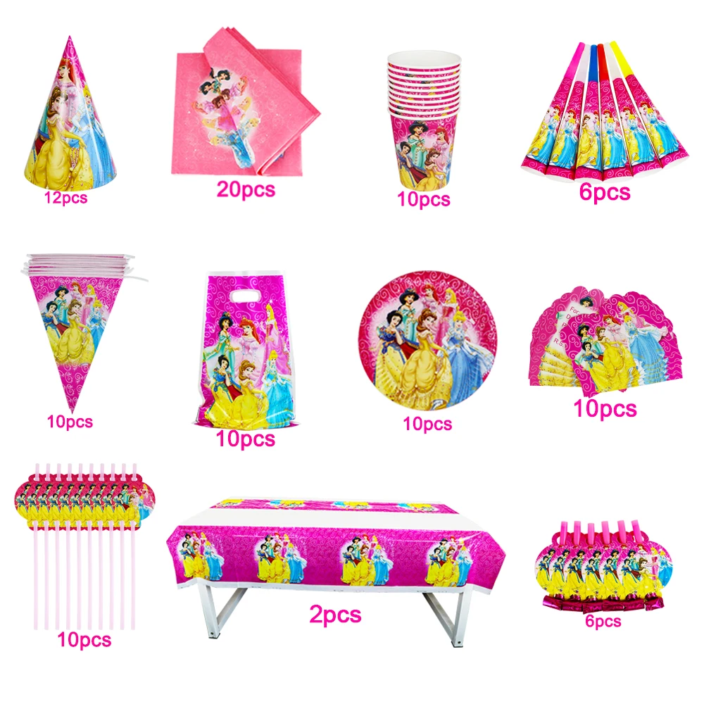 

Disney Six Princess Girls Birthday Decoration Family Party Plate Napkin Disposable Tableware 106/60Pcs Celebrate Scene Layout