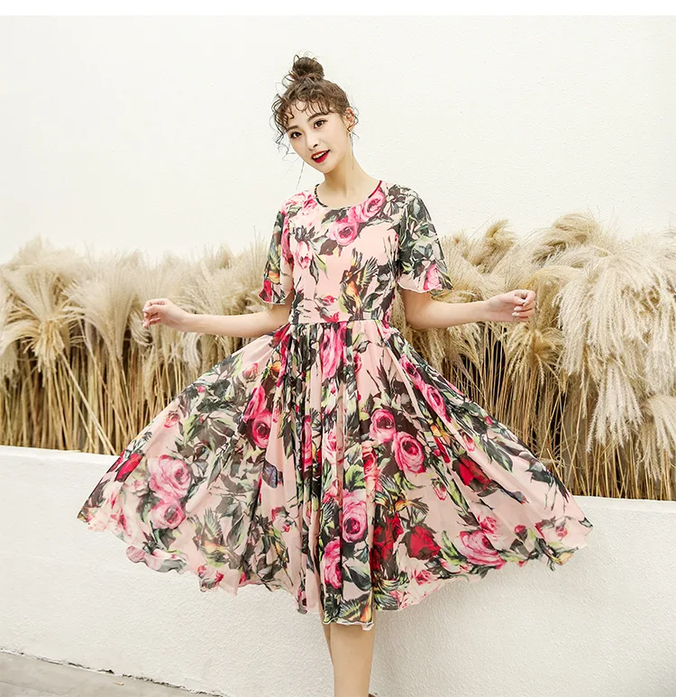 

New lotus leaf sleeve flower and bird printing net red large skirt beach holiday honeymoon medium length dress