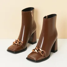 

Designer Women's Boots Winter Boots Square Toe Chain High-heeled Ankle Boots Brown Martin Boots Women's Shoes Zapatos Para Mujer