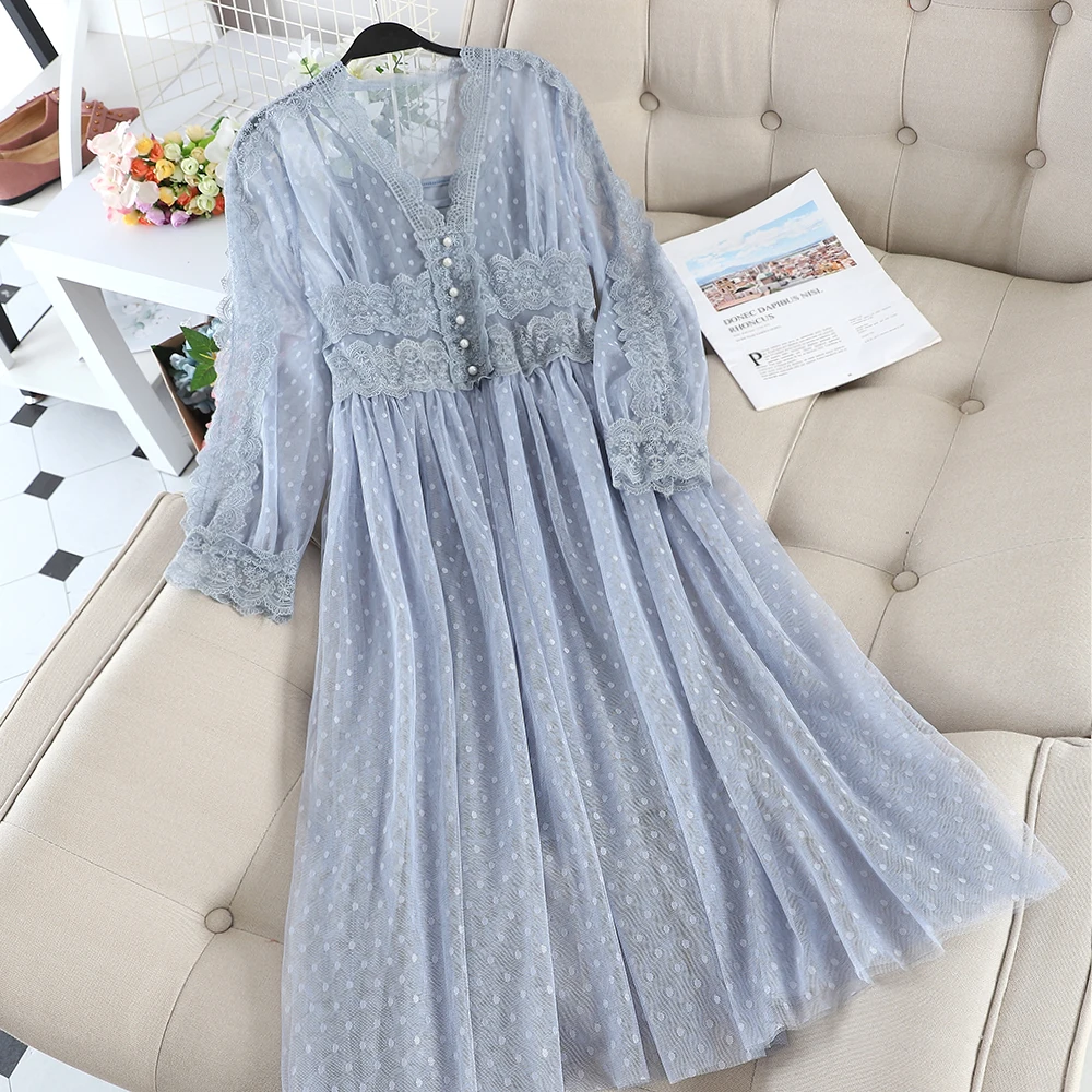 Billig Frauen V ausschnitt Laterne Hülse Plissee Perle Perle Taste Kleid Elastische Dünne Polka Dot Mesh Gaze Aushöhlen Spitze Blume Midi kleid