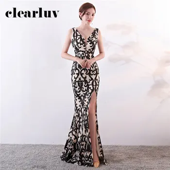 

Sequin Evening Dress Silver Mermaid Women Party Gowns DX307-1 Backless V-Neck Robe De Soiree Sexy Split Floor-Length Prom Dress
