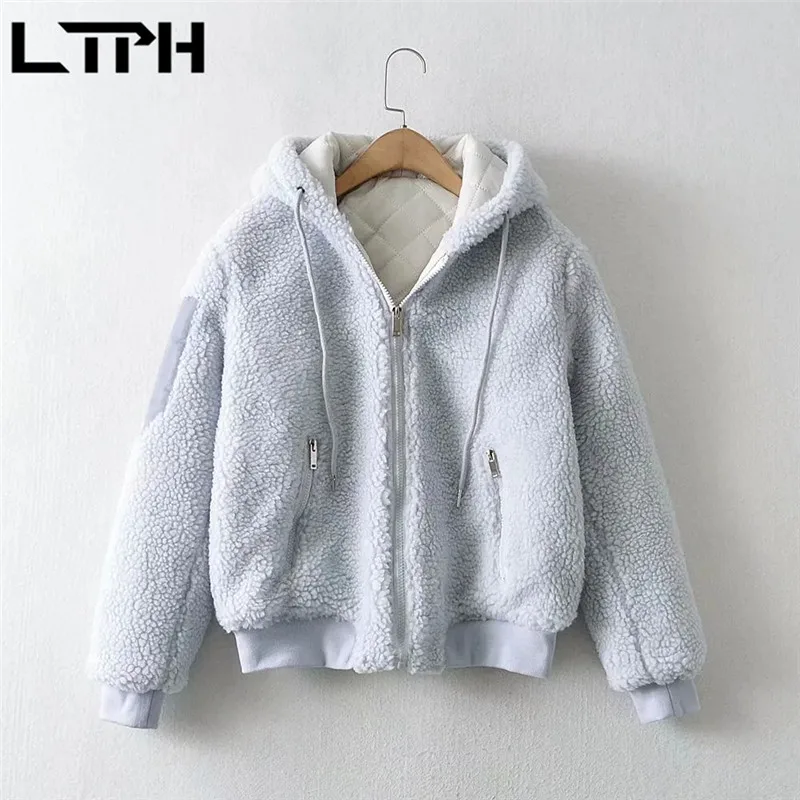 

LTPH Casual simple Solid color Imitation lambswool jacket coat hooded thicken warm woman parkas Short outerwear 2020 Winter New