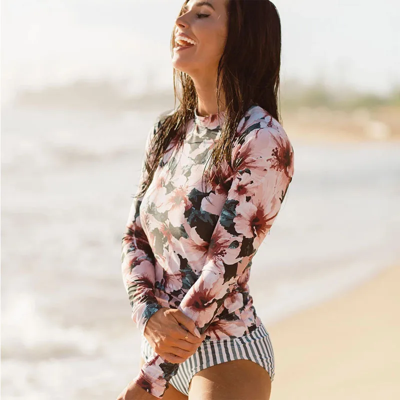 Цельный купальник с цветочным принтом, одежда для плавания с длинным рукавом, женский купальный костюм, ретро купальник, винтажный Цельный купальник для серфинга