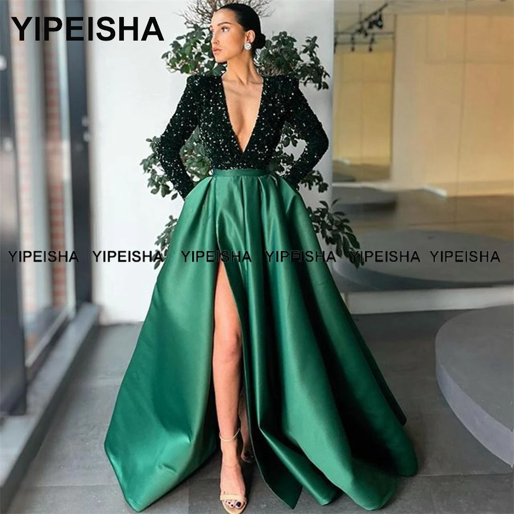 

Yipeisha Deep V-neck Prom Dresses Sparkly Long sleeve Wedding Party Dresses Slit Long Evening Gowns Luxury Banquet Ball Gown