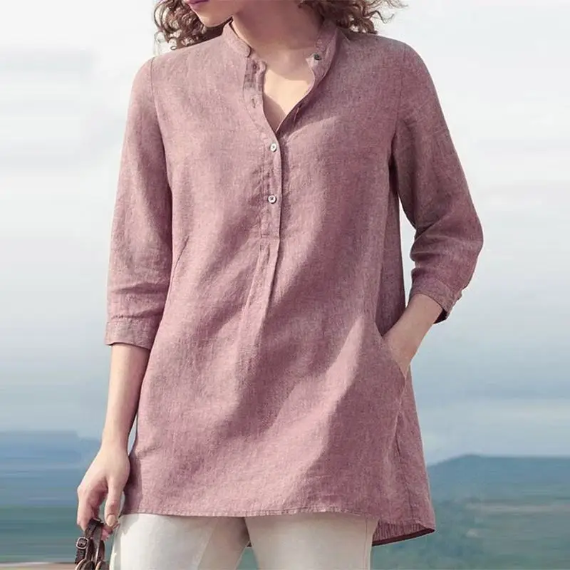 Элегантная Женская Летняя туника больших размеров ZANZEA рубашки на пуговицах повседневные блузы Женские однотонные топы с v-образным вырезом Женская сорочка 5XL - Цвет: Розовый