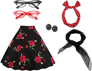 

Women's 50's Costume Accessories Set Vintage Dot Skirt Scarf Headband Earrings Cat Eye Glasses