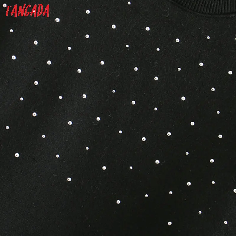 Tangada женские модные черные толстовки с заклепками в стиле бойфренда с длинным рукавом и круглым вырезом свободные пуловеры женские топы CE228