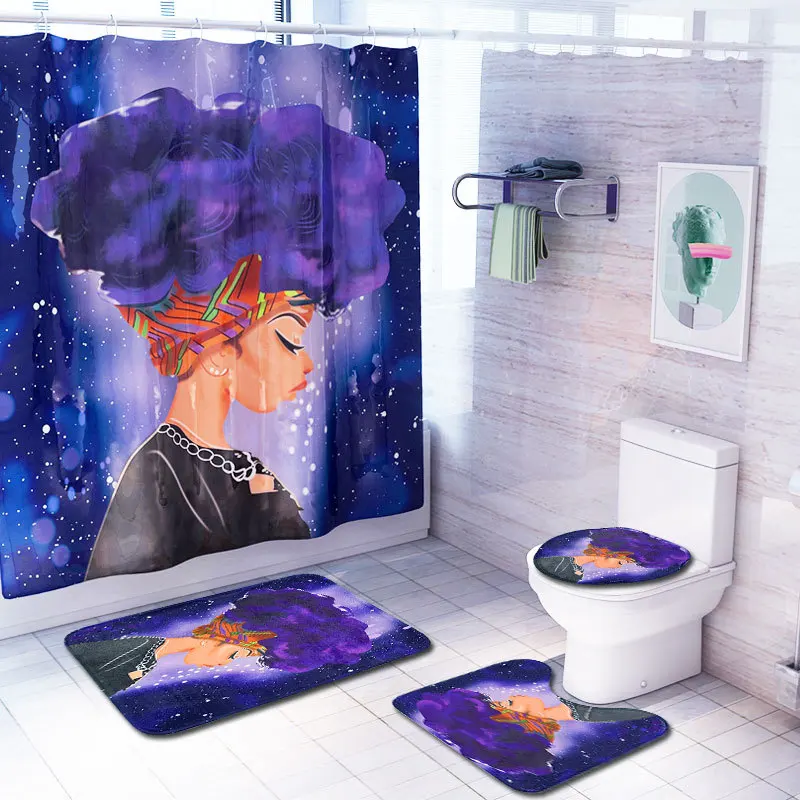 

African Woman 4PCS/Set Bathroom Shower Curtain Set with Carpet Bath Mats Bath Rug Toilet Cover Pad Set Non-slip Mat